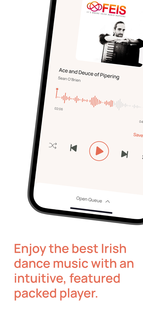 A mobile phone displaying the music player interface of the Feis app with playback controls and song details.