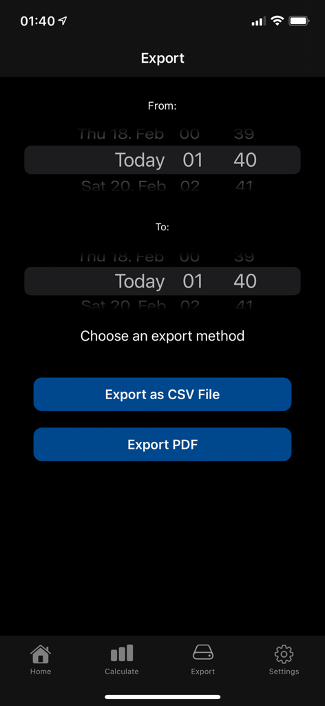 Car Log book App - Export screen of the Car Log book App showing options to export reports as CSV or PDF files within a specific date range.