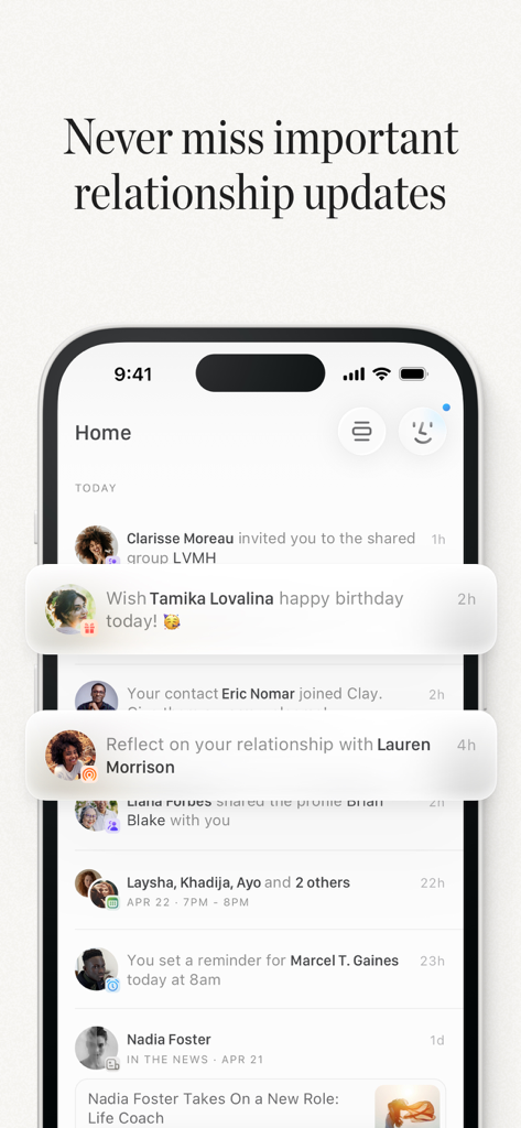 Clay CRM home feed showing contact updates, birthday reminders, and news mentions.