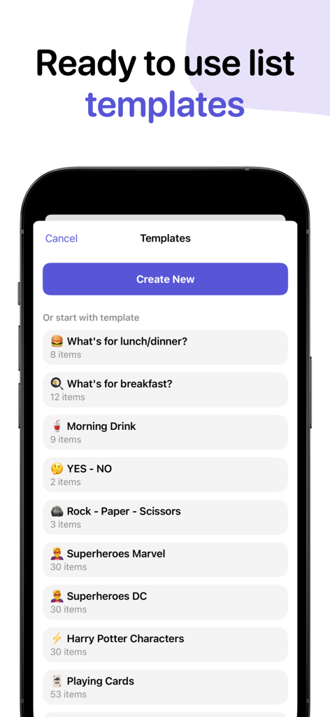 Spin the Wheel - Randomizer - Spin the Wheel app screen showing ready to use decision list templates for food games and characters