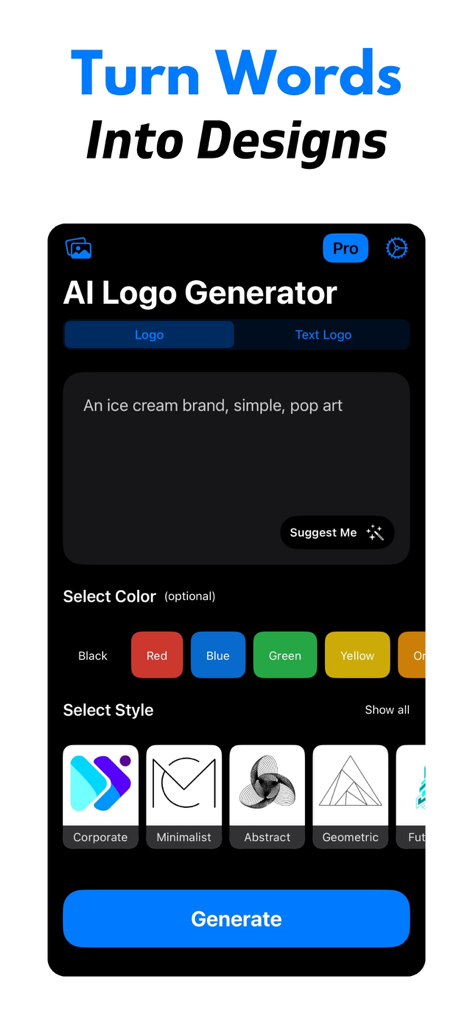 AI Logo Generator+ - Interface of the AI Logo Generator app showing options to enter a text prompt and select logo styles like corporate and minimalist.