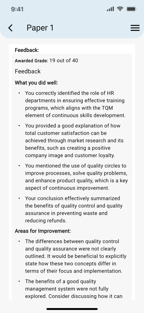 ExamEase - A mobile screen showing detailed AI-powered feedback and a grade for a practice exam paper.