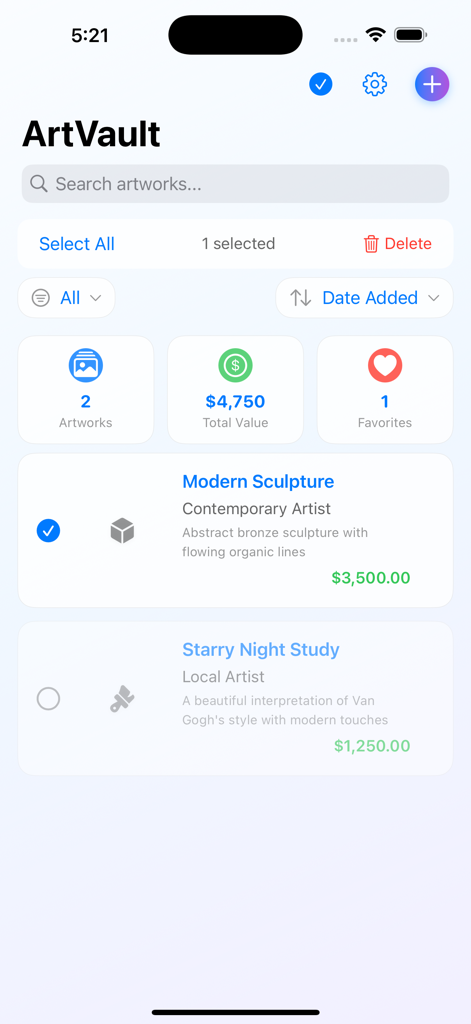 Art Collection Inventory - Screenshot of the Art Collection Inventory app showing a list of artworks with their estimated total value.