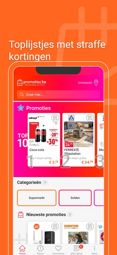 Screenshot der Promotiez App-Oberfläche, die Top-Einkaufaktionen und Einzelhandelsrabatte in Belgien zeigt