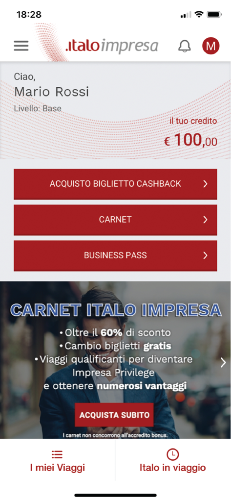 La schermata principale dell'app Italo Impresa che mostra le opzioni dei biglietti business e un profilo utente con saldo di credito.
