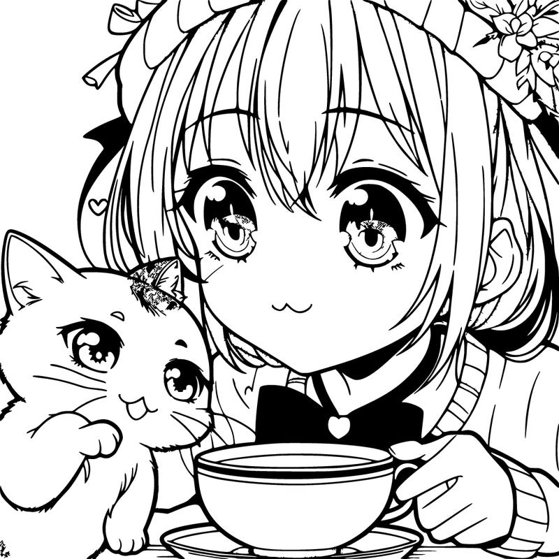 a manga girl that’s petting a cat and drinking tea