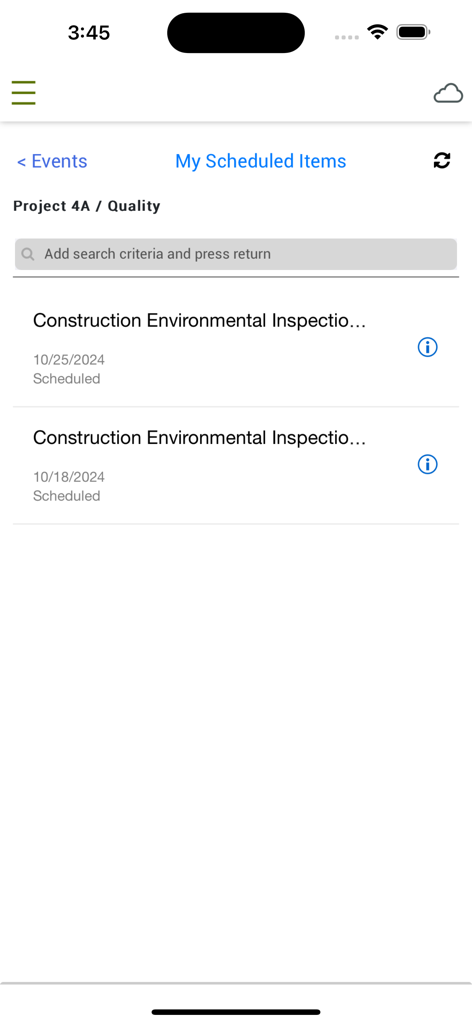InEight mobile app interface displaying a list of scheduled construction environmental inspections.