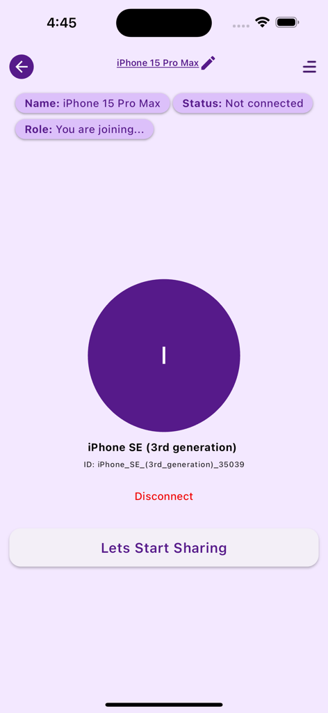 User interface of Data Transfer app showing device pairing and start sharing button