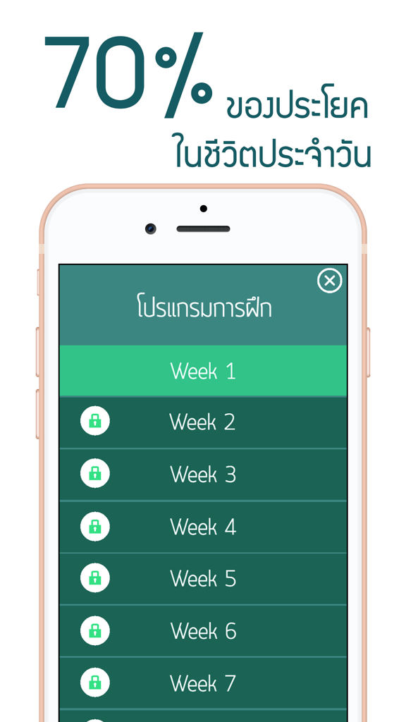 Weekly training program screen in the Learn English Easily app for Thai speakers showing learning progress across seven weeks