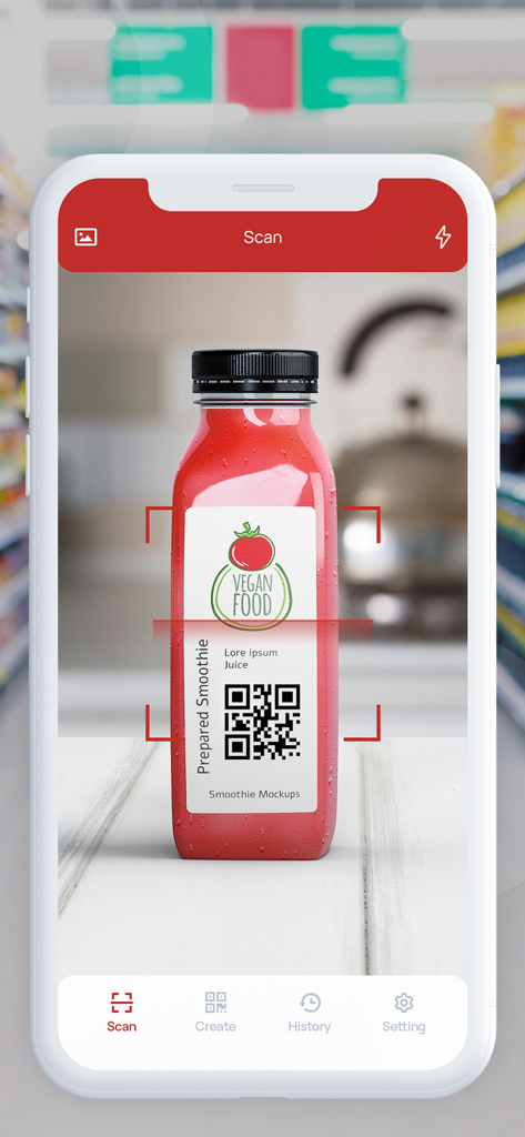 Smartphone escaneando um QR code no rótulo de uma garrafa de suco usando a interface do aplicativo QR Code Photo Scanner