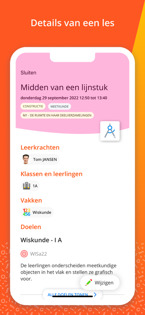 Smartschool - Smartschool mobile app interface showing detailed information for a mathematics lesson including teacher name and learning objectives