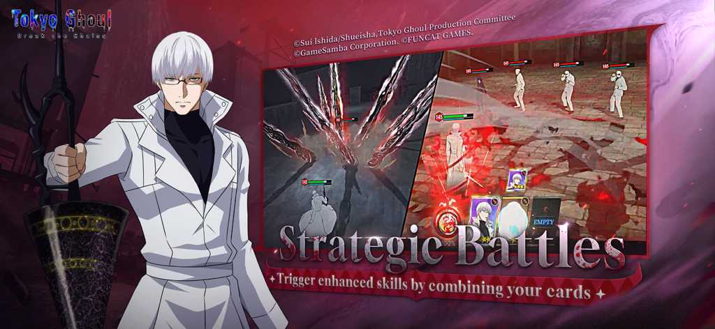 Tokyo Ghoul · Break the Chains - Tokyo Ghoul Break the Chains gameplay showing strategic card battles and character skills.