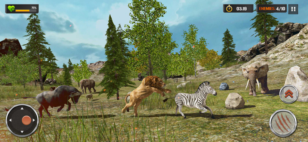 Lion Simulator Wildlife Animal - A 3D lion chasing a zebra across a grassy landscape with elephants and buffalo in the background.