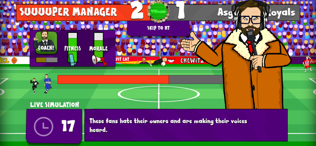 442oons Football Manager - A satirical football match simulation screen from 442oons Football Manager featuring a cartoon commentator and game stats