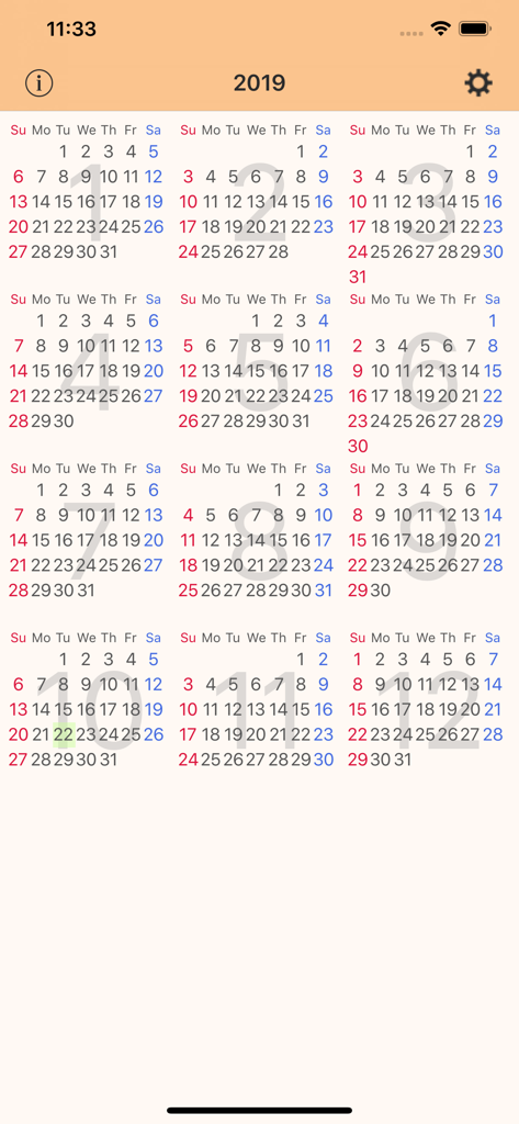 A mobile app screen showing a comprehensive one-year calendar view in MagiCal2.