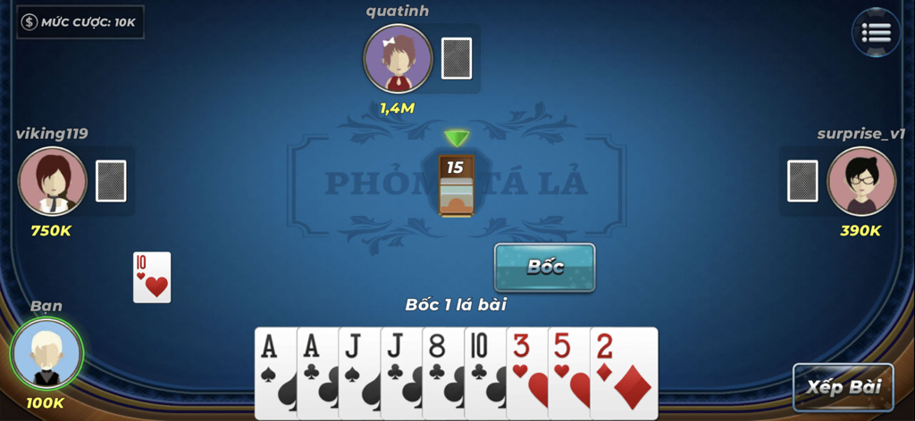 Gameplay screen of Phom Ta La Offline showing a traditional Vietnamese card game match with players and cards.