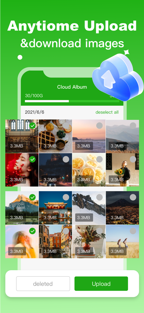 Clean Master：Storage Cleaner - Interfaz de una aplicación móvil que muestra una función de álbum en la nube para subir y descargar imágenes y ahorrar espacio de almacenamiento del teléfono