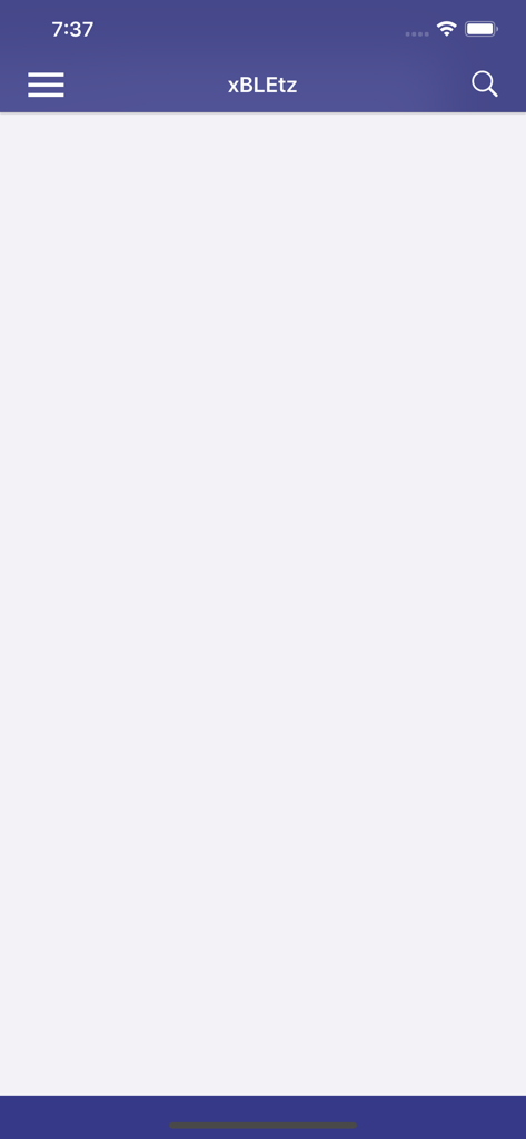 Main user interface of the xBLEtz BLE Scan 2 app with menu and search icons
