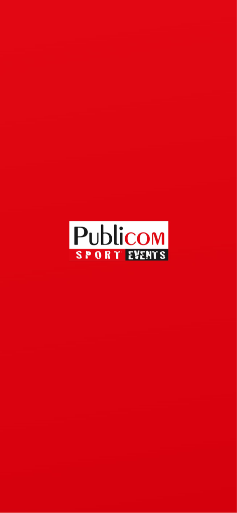 Logo do aplicativo Publicom Live Sport Events em um fundo vermelho