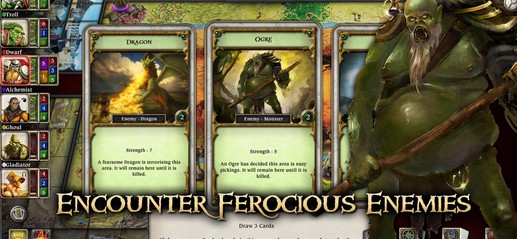 Digital tabletop gameplay showing dragon and ogre enemy cards in Talisman Classic Complete