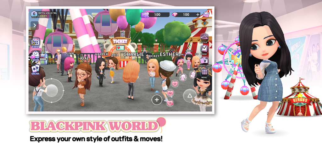 BLACKPINK THE GAME - Avatars 3D de joueurs interagissant dans l'espace social du carnaval de Blackpink World