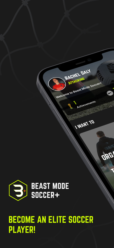 Beast Mode Soccer+ - Smartphone screen showing the Beast Mode Soccer plus app featuring professional player Rachel Daly and the tagline Become an Elite Soccer Player