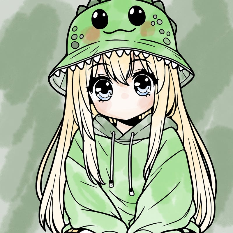 girl with anime shaped eyes with a dinosaur bucket hat oversized sweatshirt long straight hair