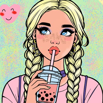 realistic girl with braided hair drinking boba