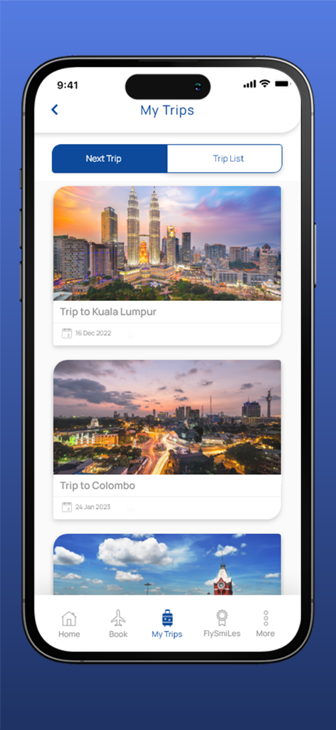 스리랑카 항공 앱 '나의 여행' 인터페이스. 이전 항공권 예약 목록이 표시됩니다.