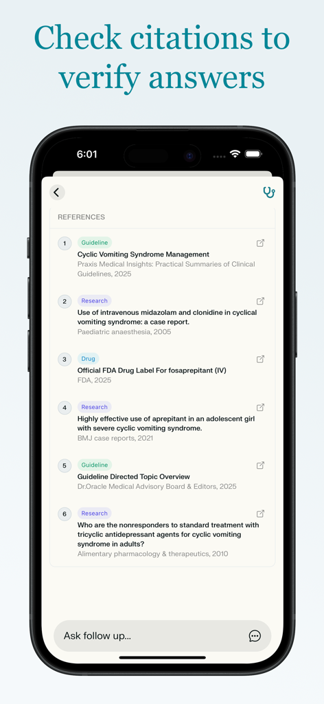Dr.Oracle app screen displaying clinical citations from medical guidelines and research papers.