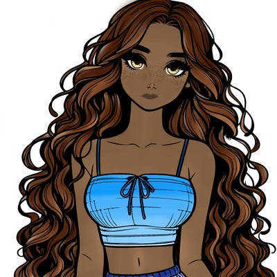 realistic girl with long curly hair and a crop top