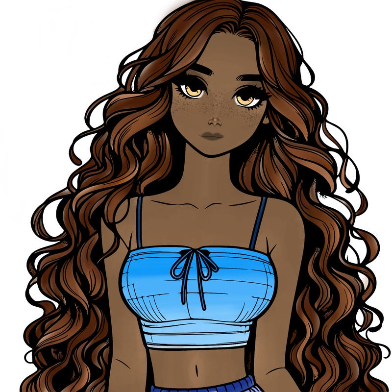 realistic girl with long curly hair and a crop top