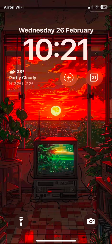 Wallpics - Live Wallpaper,Zed - Pantalla de bloqueo estética del iPhone con un fondo de pantalla de anime al atardecer lo-fi con un televisor retro y plantas.