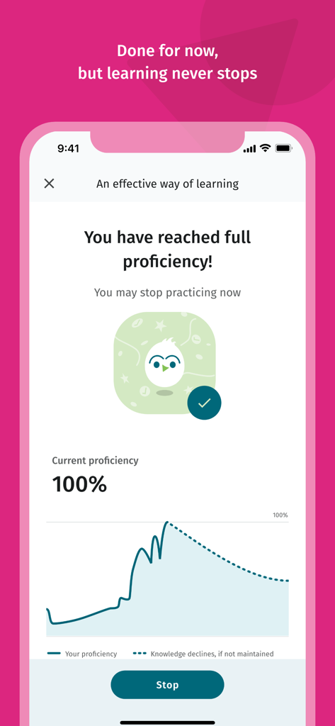 Drillster - Screenshot der Drillster-App, der zeigt, wie ein Benutzer 100 Prozent Kompetenz mit einem detaillierten Lern- und Vergessenskurvendiagramm erreicht.