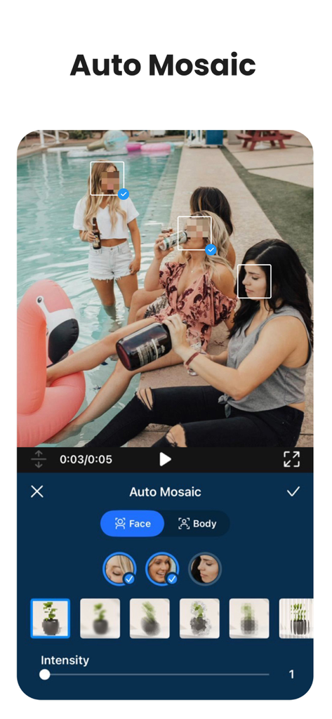 PowerDirector mobile app interface showing the AI Auto Mosaic feature automatically blurring faces in a pool video