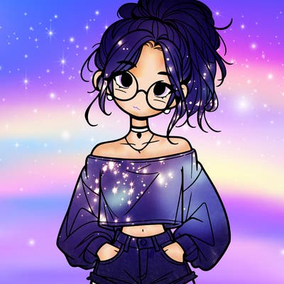 girl with a messy ponytail glasses a baggy crop top and jean shorts