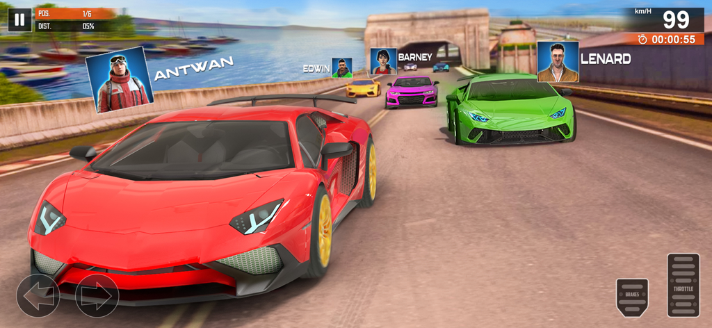 A red supercar leads a race against opponents in a 3D mobile driving simulator with on screen controls