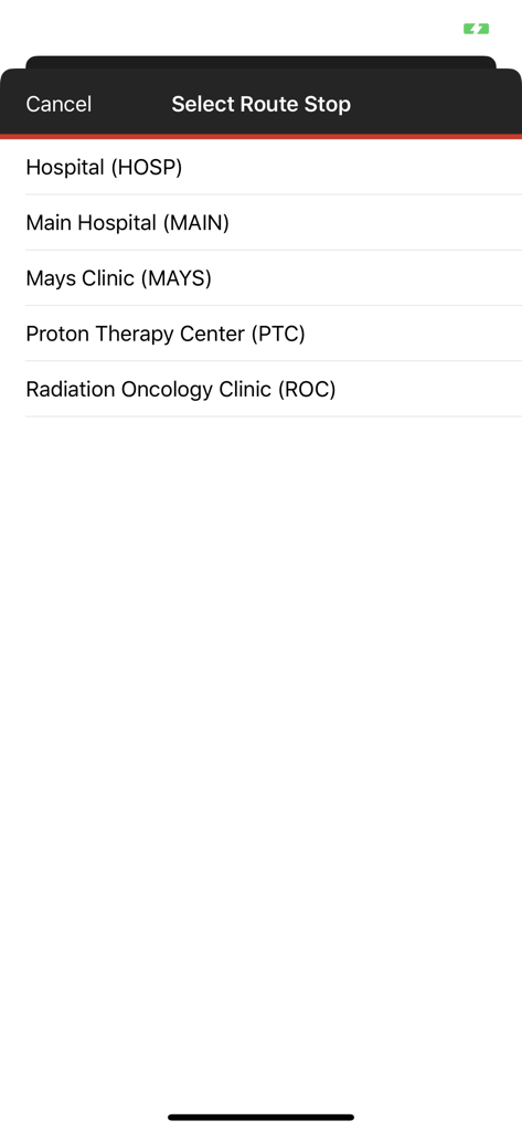 MD Anderson Mobile - MD Anderson Mobile app interface for selecting shuttle route stops like Main Hospital and Mays Clinic