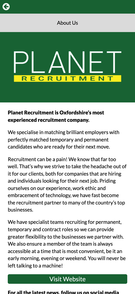 Planet Recruitment - Über uns-Bildschirm der Planet Recruitment App mit der Mission des Unternehmens und einem Link zu ihrer Website