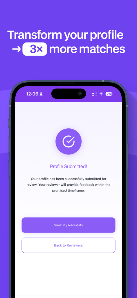 Review My Hinge - Review My Hinge app confirmation screen showing a successfully submitted dating profile for expert feedback.