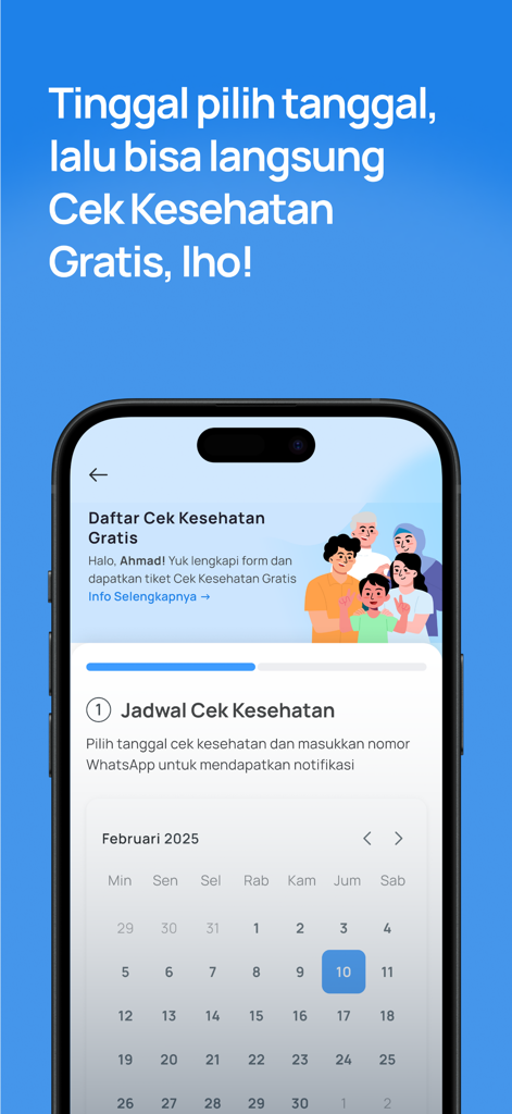 SATUSEHAT Mobile app interface showing a calendar to schedule a free health check