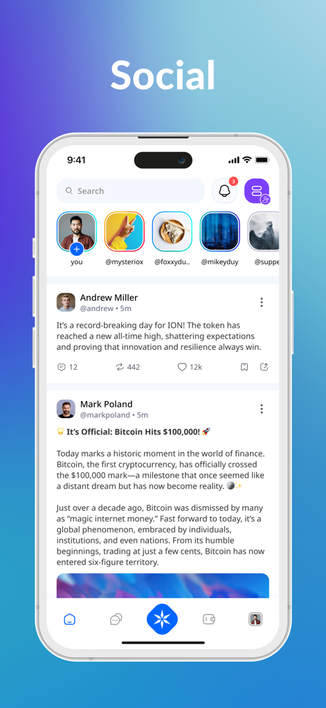 Die Social-Feed-Oberfläche der Online+-App zeigt Beiträge über Bitcoin und Kryptowährungs-Updates an.