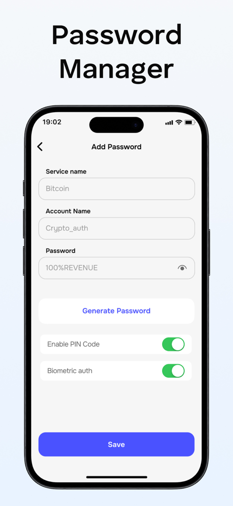 Authy: MFA & 2FA Authenticator - Interface of the Authy app showing the password manager screen to add a new account with biometric authentication toggles.