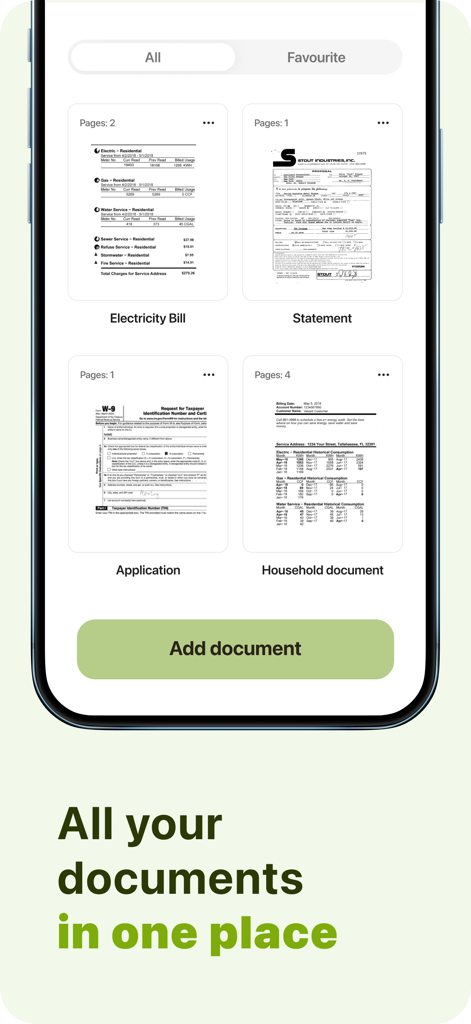 Pantalla de smartphone mostrando la biblioteca de documentos de la app Docsy con facturas y solicitudes escaneadas