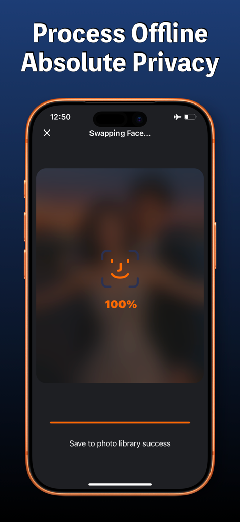 FaceXSwap:Offline AI Face Swap - Pantalla de la aplicación FaceXSwap que muestra el procesamiento de intercambio de caras sin conexión con un mensaje que enfatiza la privacidad absoluta.