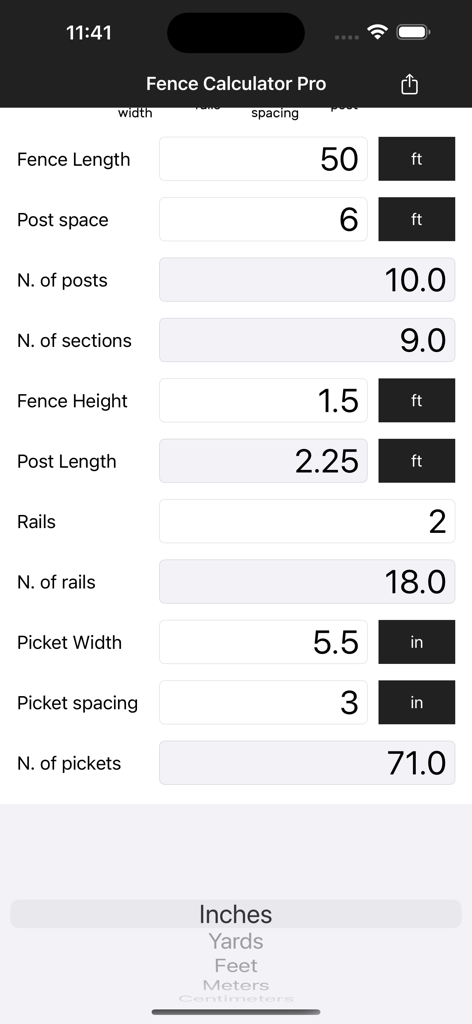 Fence Calculator Pro app interface showing calculated number of posts rails and pickets for a fence project