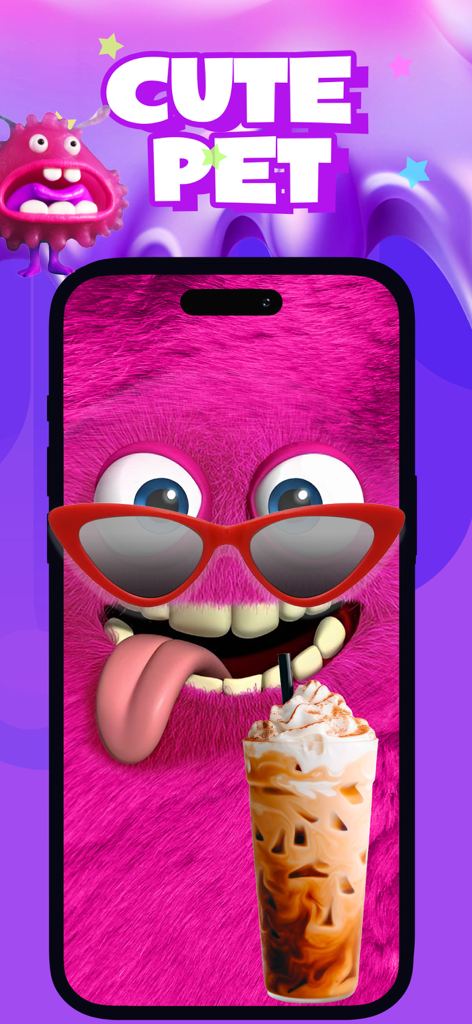 Customizable pink furry slime pet wearing red sunglasses and holding an iced coffee drink