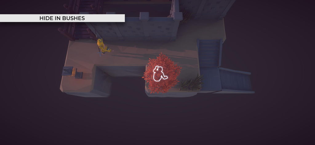 Agent Al - Top down view of Agent Al hiding in a red bush with a text prompt to hide in bushes
