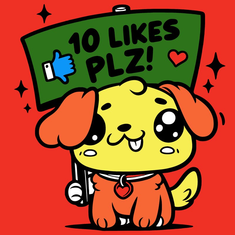 cute dog holding up a sign saying 10 likes plz!