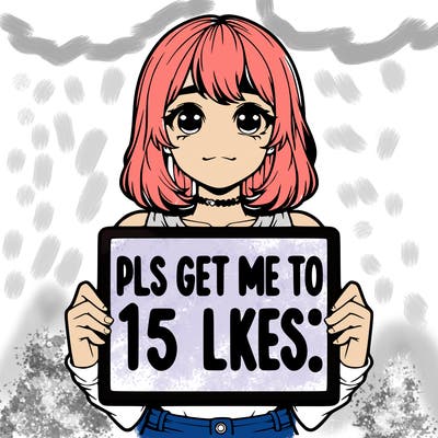 realistic girl holding up a sign that says “pls get me to 15 likes!”